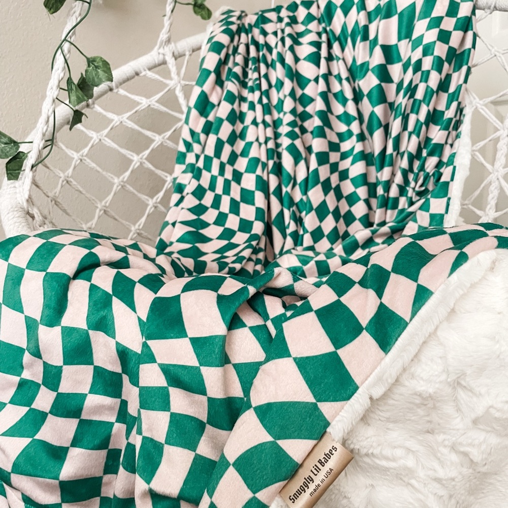 Kelly Green Minky Wavy Checkerboard Blanket Handmade Luxury Custom Throw